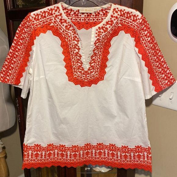 Tory Burch Red and White Embroidered Isla Eyelet Tunic Top Size 12 - Picture 2 of 11